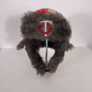 Minnesota Twins Tan, Red, & Blue Plaid Fur Lined Winter Trapper Hat